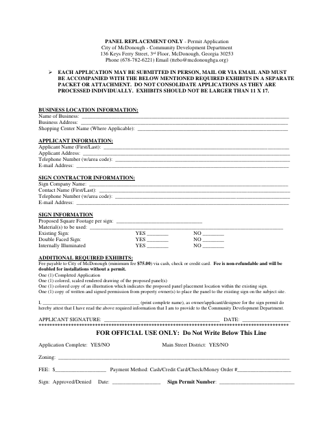 First page of the Panel Replacement Only Permit Application