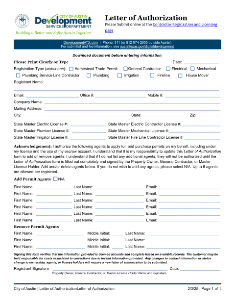 First page of the Letter of Authorization (Contractor Registration)