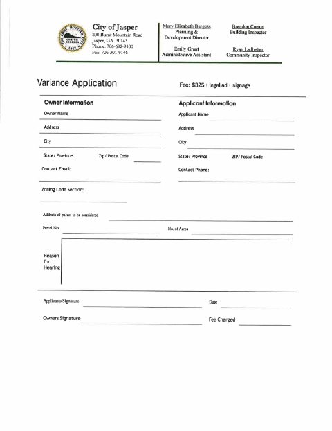 First page of the Variance Application