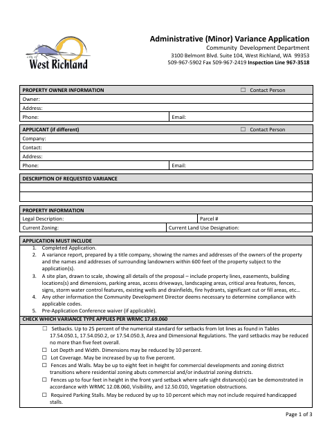 First page of the Administrative (Minor) Variance Application