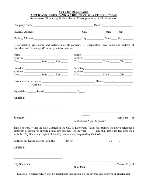 First page of the Application for Taxicab Business Operating License