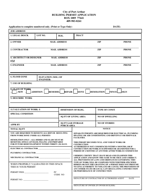 First page of the Building Permit Application