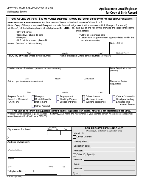 First page of the Application to Local Registrar for Copy of Birth Record