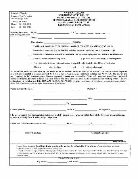 First page of the Smoke Alarm, Carbon Monoxide Alarm, and Fire Extinguisher Compliance Affidavit