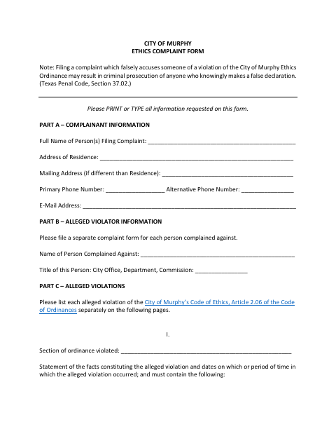 First page of the Ethics Complaint Form