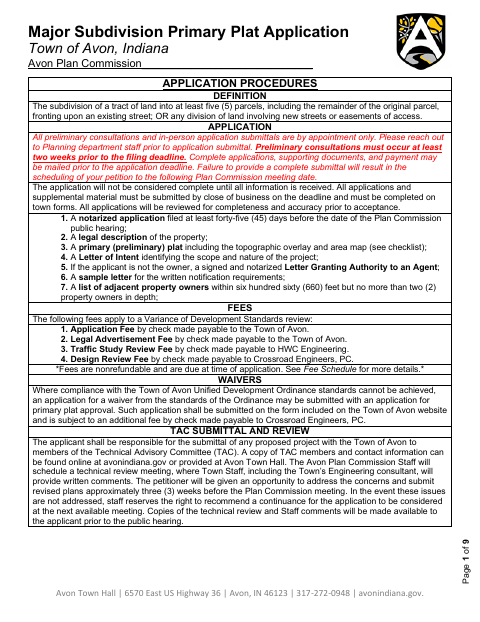 First page of the Major Subdivision Preliminary Plat Application