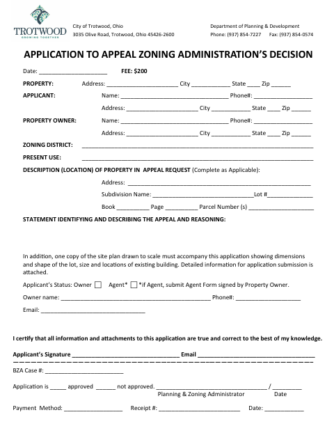 First page of the Application to Appeal Zoning Administration's Decision