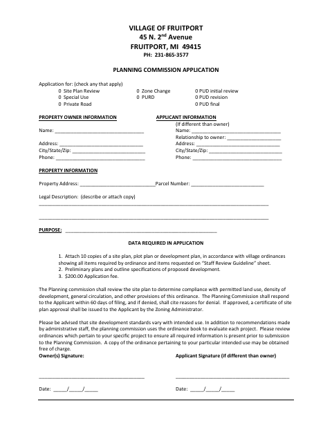 First page of the Planning Commission Application