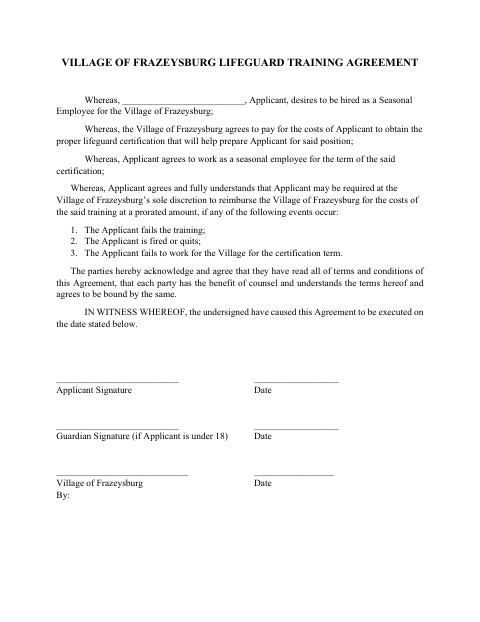 First page of the Lifeguard Training Agreement