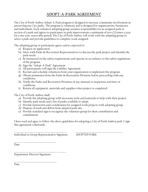 First page of the Adopt-A-Park Agreement