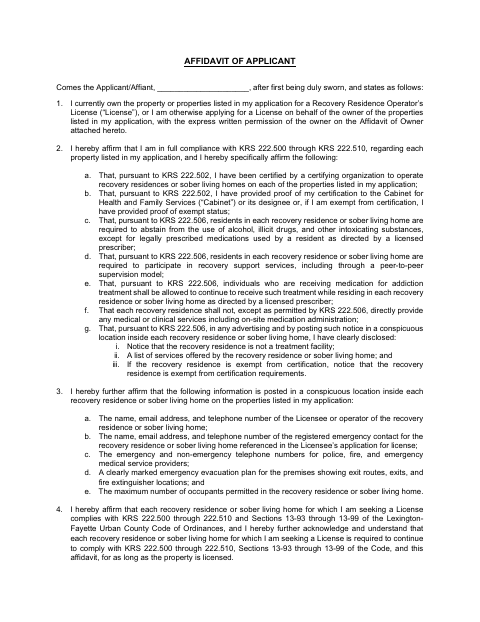 First page of the Affidavit of Applicant for Recovery Residences