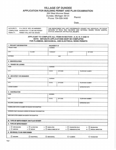 First page of the Application for Building Permit and Plan Examination