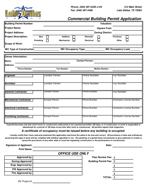 First page of the Commercial Building Permit Application
