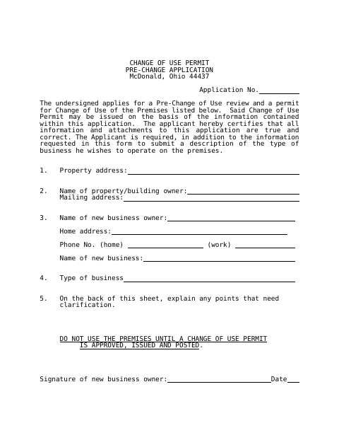 First page of the Change of Use Permit Pre-Change Application