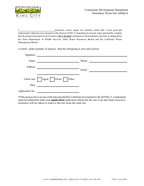 First page of the Hazardous Waste Site Affidavit