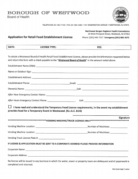 First page of the Retail Food Establishment License Application