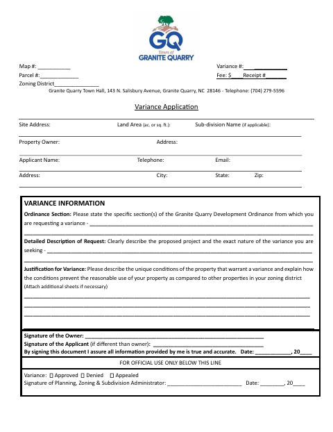 First page of the Variance Application