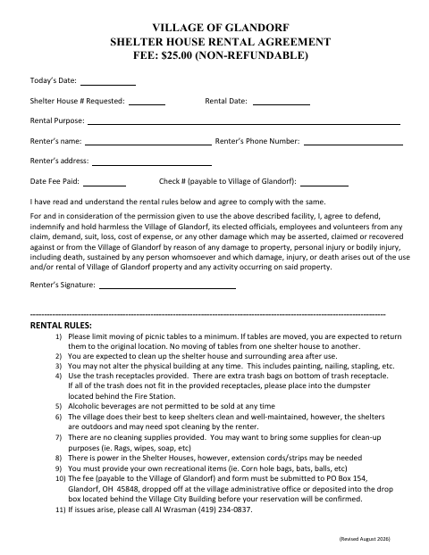 First page of the Shelter House Rental Agreement