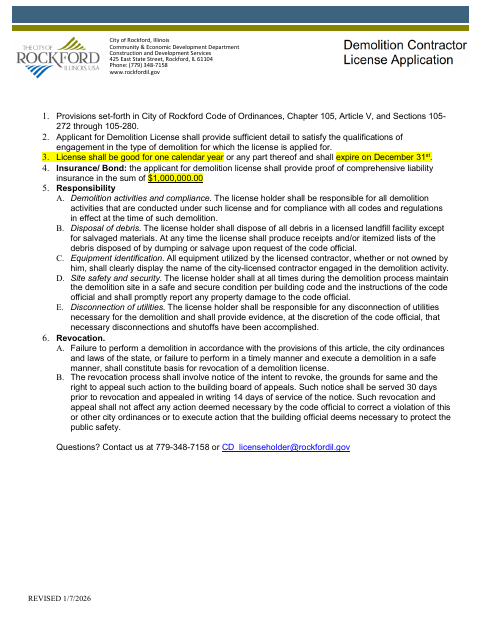 First page of the Demolition Contractor License Application