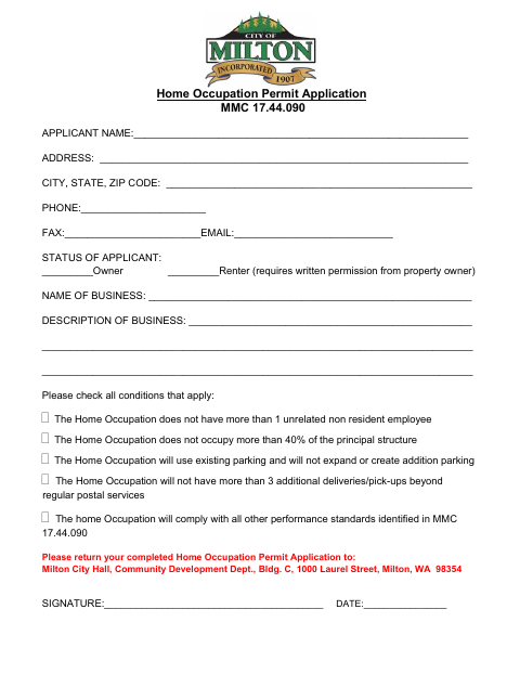 First page of the Home Occupation Permit Application