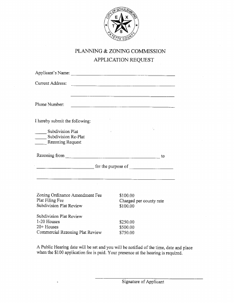 First page of the Planning & Zoning Commission Application