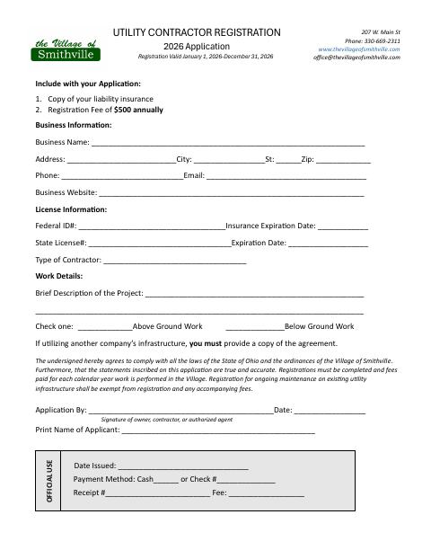 First page of the Utility Contractor Registration