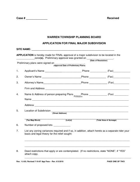 First page of the Final Major Subdivision Application