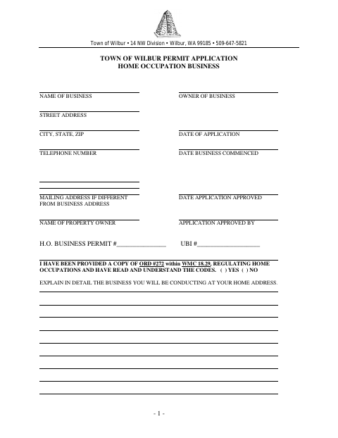 First page of the Home Occupation Permit Application