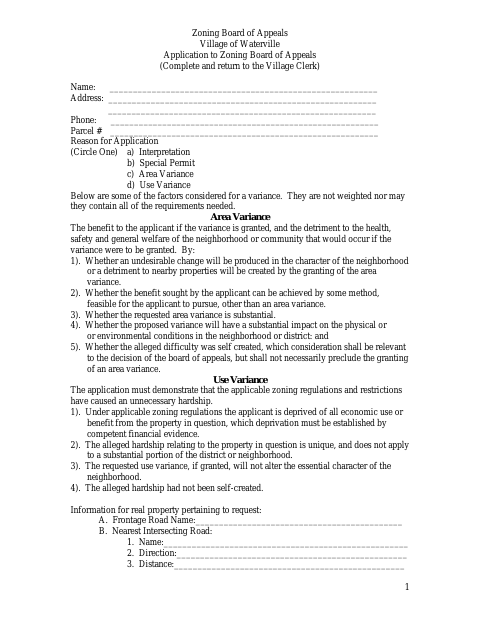 First page of the Application to Zoning Board of Appeals
