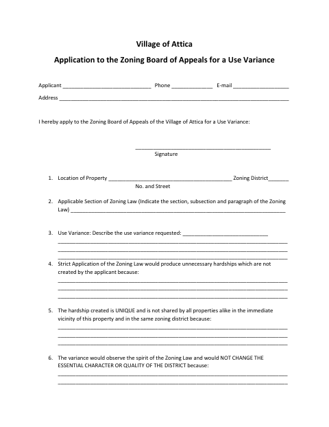 First page of the Application to the Zoning Board of Appeals for a Use Variance