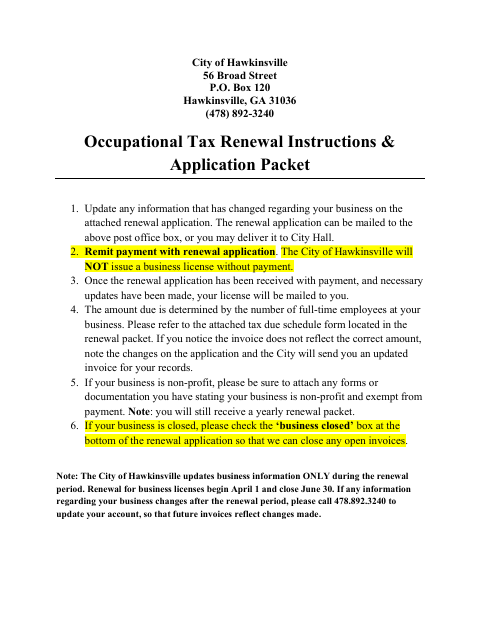 First page of the Occupational Tax Renewal Application