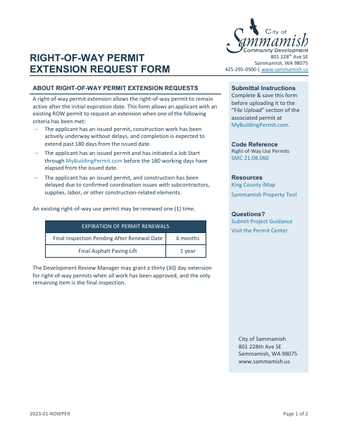 First page of the Right-Of-Way Permit Extension Request Form
