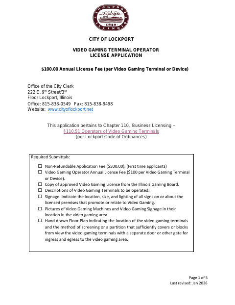 First page of the Video Gaming Terminal Operator License Application