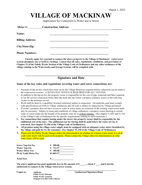 First page of the Application for Connection to Water and or Sewer