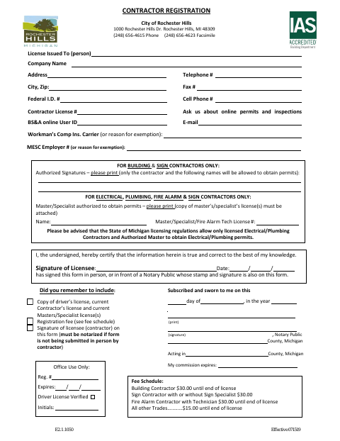 First page of the Contractor Registration