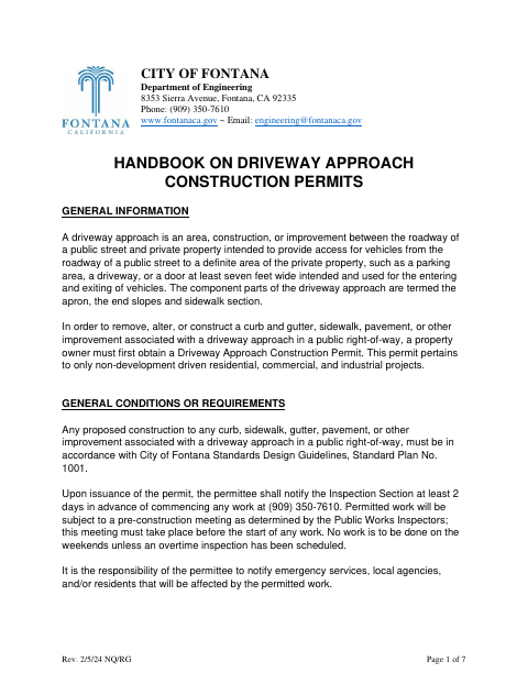First page of the Driveway Approach Construction Permit Application