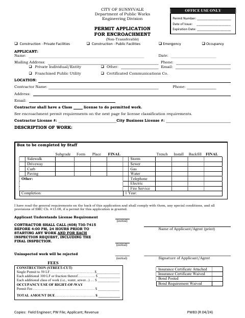 First page of the Permit Application for Encroachment