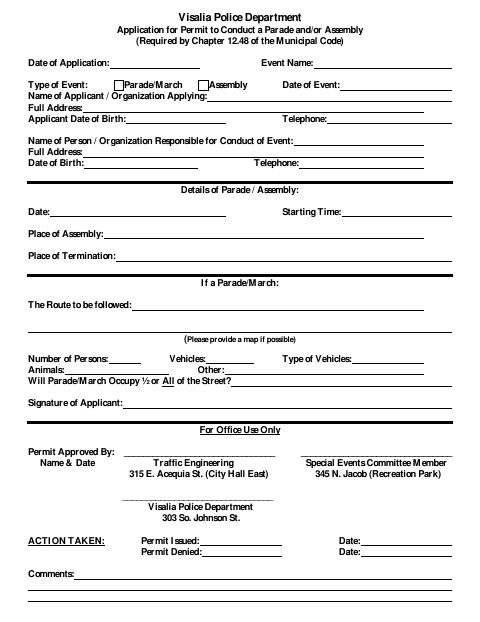 First page of the Application for Permit to Conduct a Parade and/or Assembly