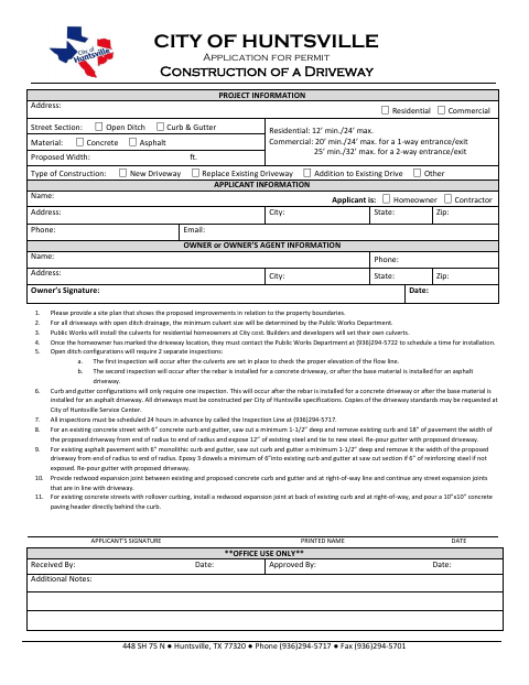 First page of the Application for Permit Construction of a Driveway