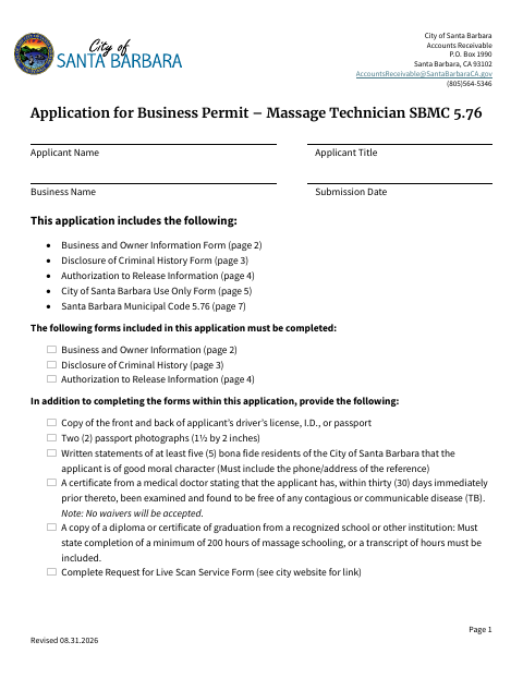 First page of the Application for Business Permit – Massage Technician
