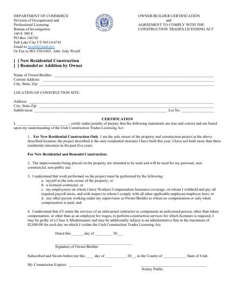 First page of the Owner/Builder Certification