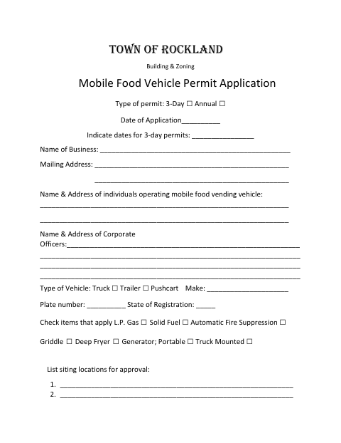 First page of the Mobile Food Vehicle Permit Application