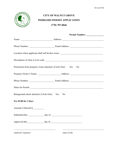 First page of the Peddlers Permit Application