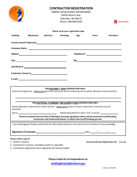 First page of the Contractor Registration Application