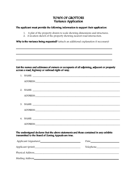 First page of the Variance Application