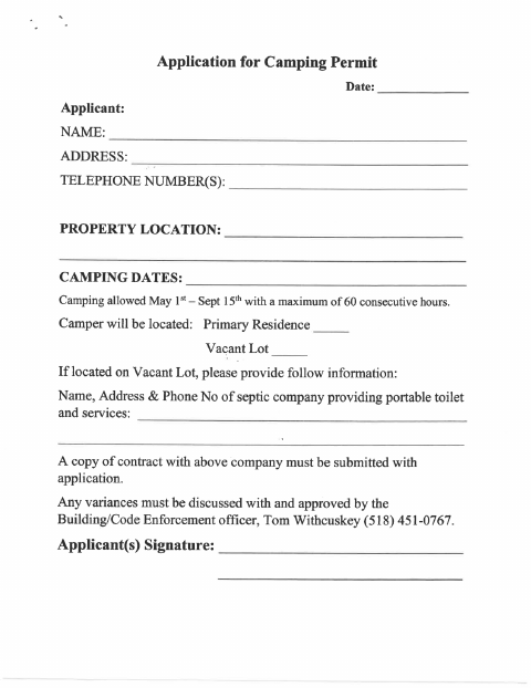 First page of the Camping Permit Application
