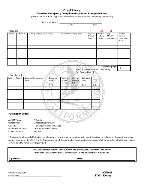 First page of the Transient Occupancy Complimentary Room Exemption Form