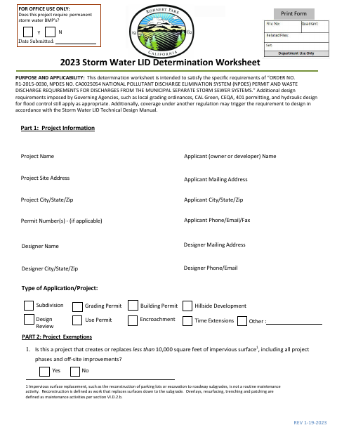 First page of the 2023 Storm Water LID Determination Worksheet