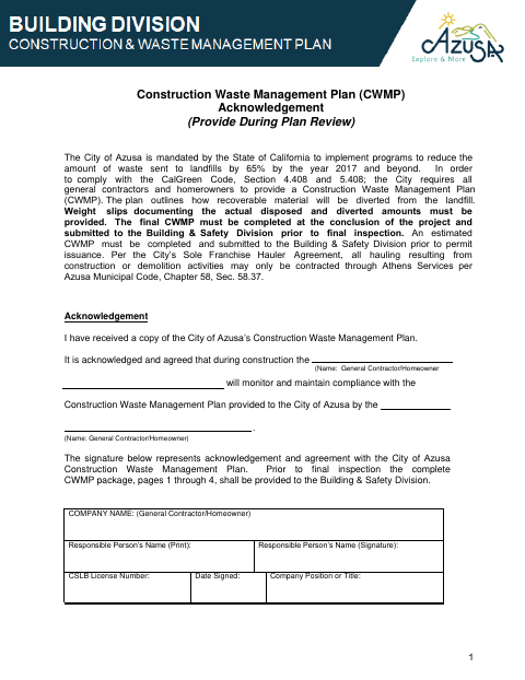 First page of the Construction Waste Management Plan