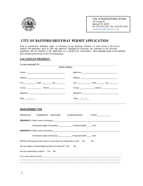 First page of the Driveway Permit Application